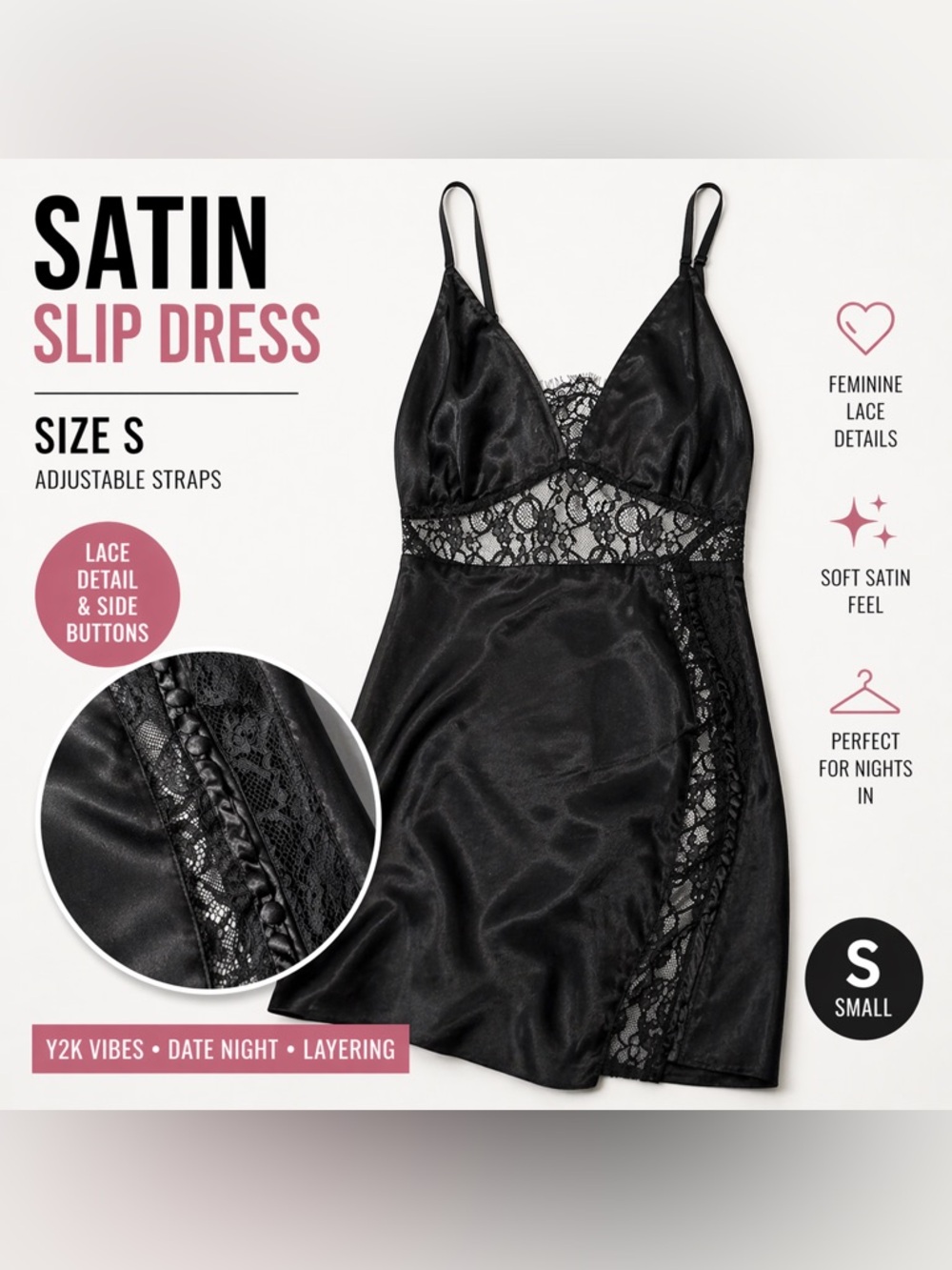 Black Satin Lace Slip Dress Mini Y2K Lingerie Style Adjustable Straps Size Small